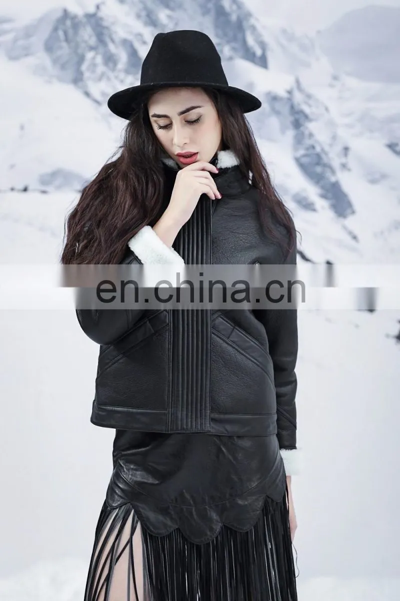 Cool Style Black Genuine Leather Jacket Women's Merino Sheepskin Fur Coat Punk Real Fur And Leather Jacket