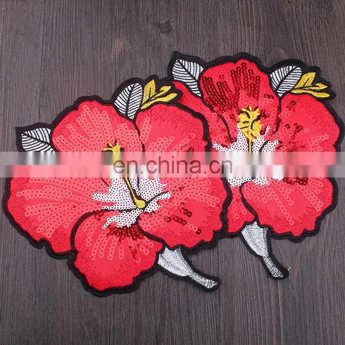 Wholesale Fashion Cheap Embroidery Red Peony Flower with Sequins Iron on Applique Patch