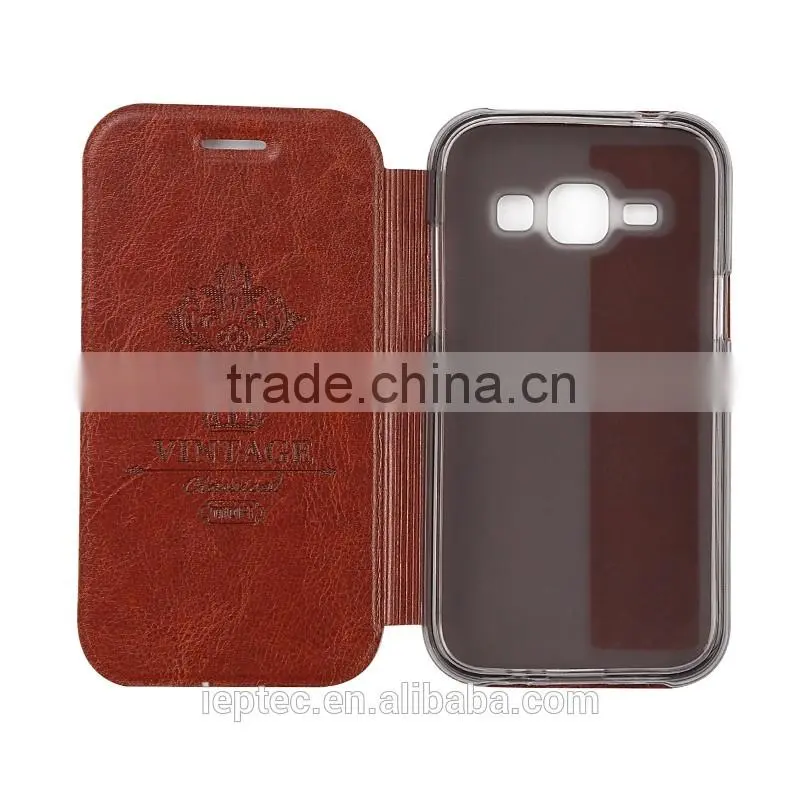 MOFi Hot Sale PU Leather Flip Cell Phone Cover Case for Samsung GALAXY J1, SM-J100, Soft TPU Protective Case