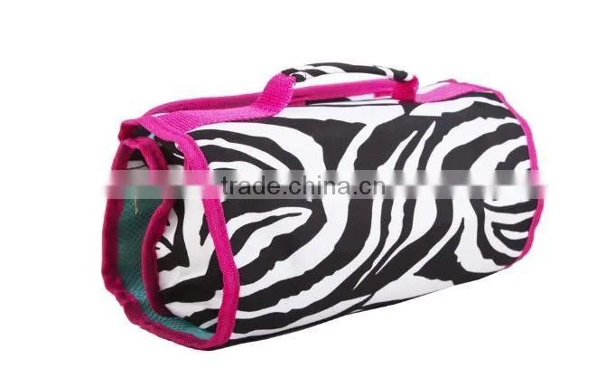 Large zebra hot pink cosmetic bag with tri-fold two snaps closure