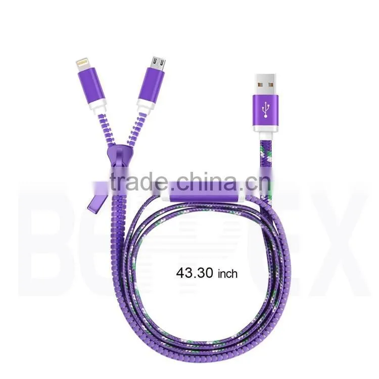 Colorful High Speed Flat Zipper 2 in 1 Data Micro USB Cable