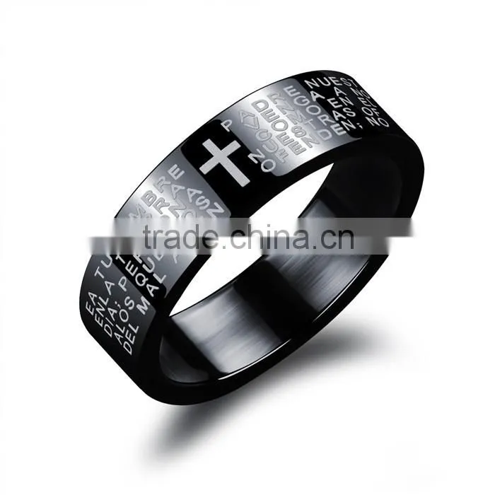 fashion design 2016 black plated cross stainless steel ring engraving
