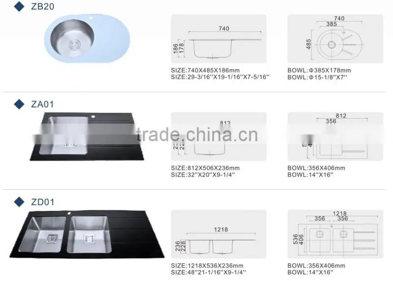 Durable Stainless Steel bowl tempered glass top basin sink for kitchen with glass drainboard