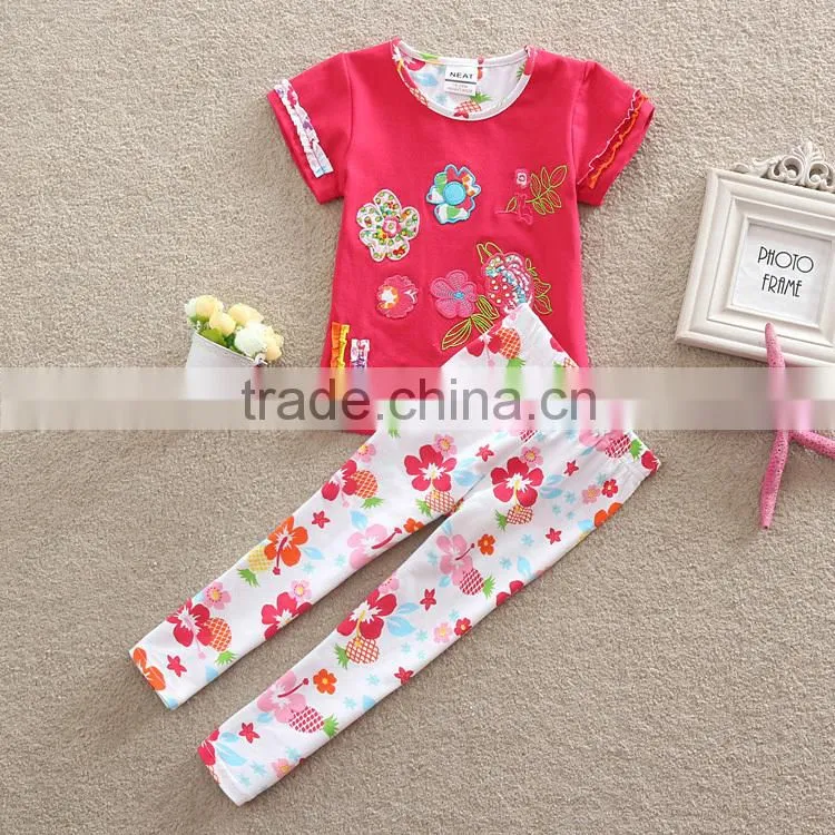 2 colors (TS220) Neat 2-6Y Guanghou wholesale children wear baby summer set beautiful kids girls suits