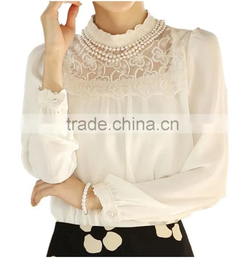 New Women Long Sleeve render unlined upper garment Sheer Lace Floral Chiffon Blouse White pearl collar tops