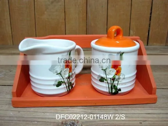 chinese ink decal ceramic creamer mug and sugar bowl set with wooden stand