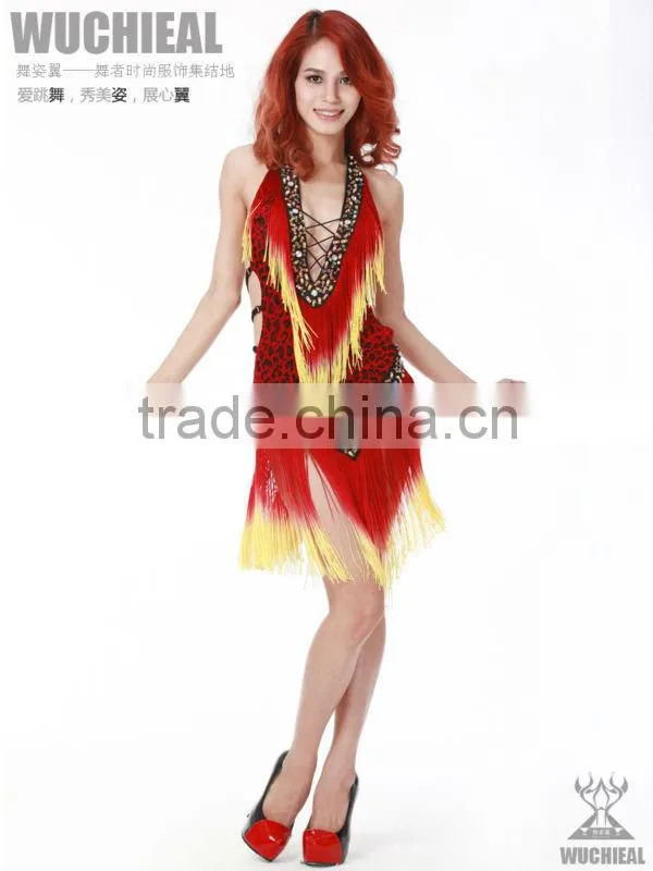 wholesale sexy and pretty latin dance dress with leopard and tassels suit,stage latin performance QC00201
