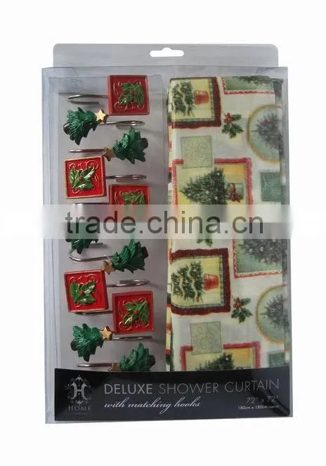 Christmas series shower curtain&12pcs decorative resin hooks set