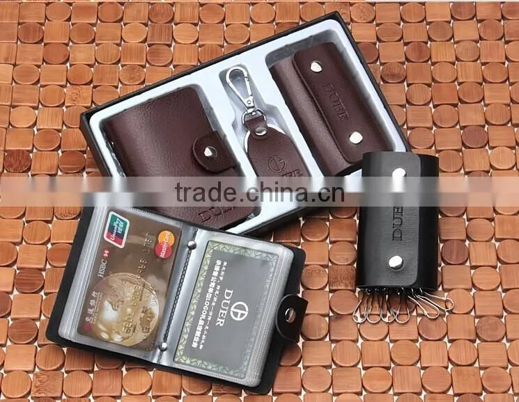 Factory Direct Sale High Quality Gift Leather Card Holder+ Key bag+Key Chain With Gift Box