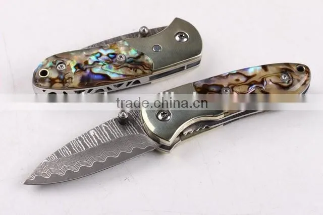 OEM Damascus Small abalone pure copper folding knife