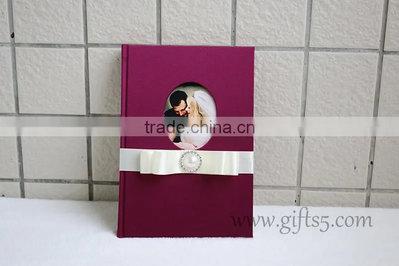 Elegant red violet Silk Covor Wedding Guest Book with you own photo