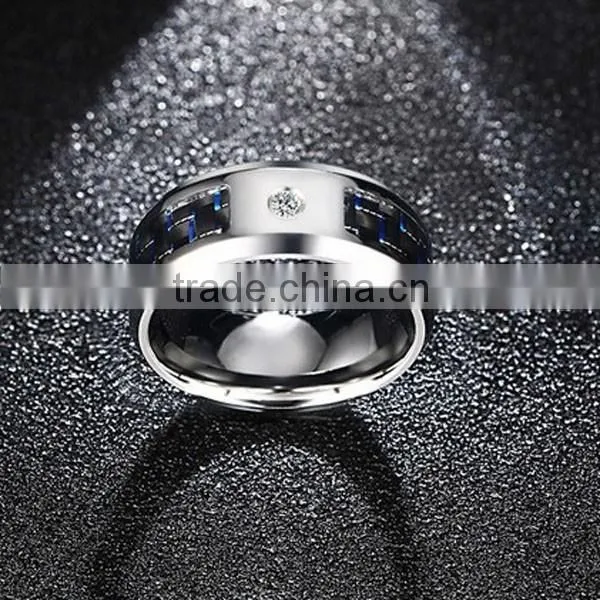 2016 Fashion Men Zircon Black Carbon Fiber Stainless Steel Ring