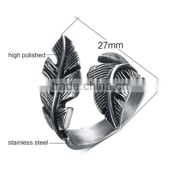 2016 Retro Style Feather Stainless Steel Cuff Ring