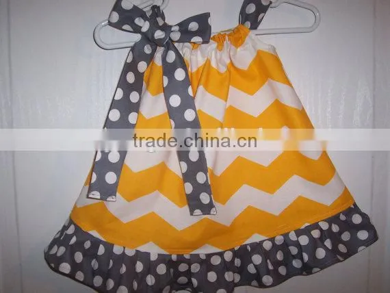 Children's yellow chevron and polka dot hem girls pillowcase dresses with ribbon childrens boutique clothing