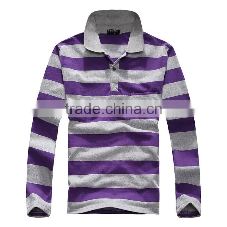 2016 Factory sale brand classic pure Cotton mens striped polo shirt Long sleeve contrast color design sport shirts for man