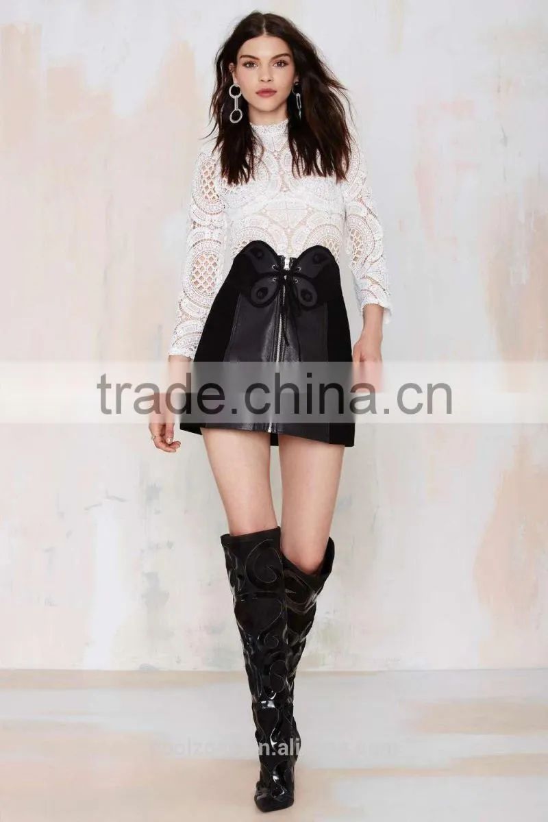 2015 vintage clothes bottom skirt fly front leather women skirt
