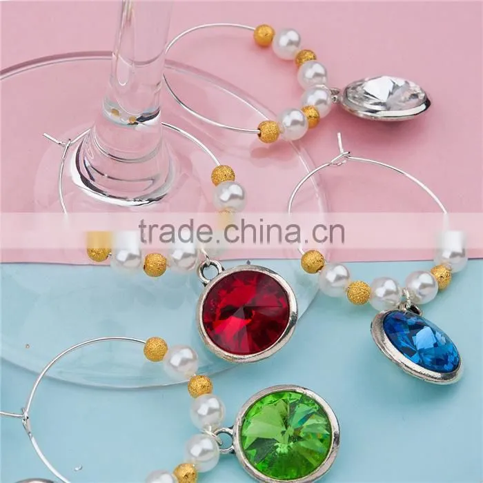 Glass Birthstone Hoop Earrings Gold Plated Acrylic Imitation Pearl Round At Random Rhinestone Wine Glass Charm For Party