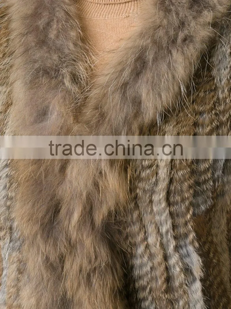 YR006A New Arrive Real Rabbit and Raccoon Hand Knit Vest with Tassels Top Sales Fur Gilet