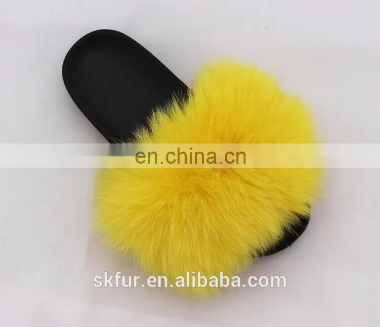 Factory wholesale long hair and soft real fox fur slides for women
