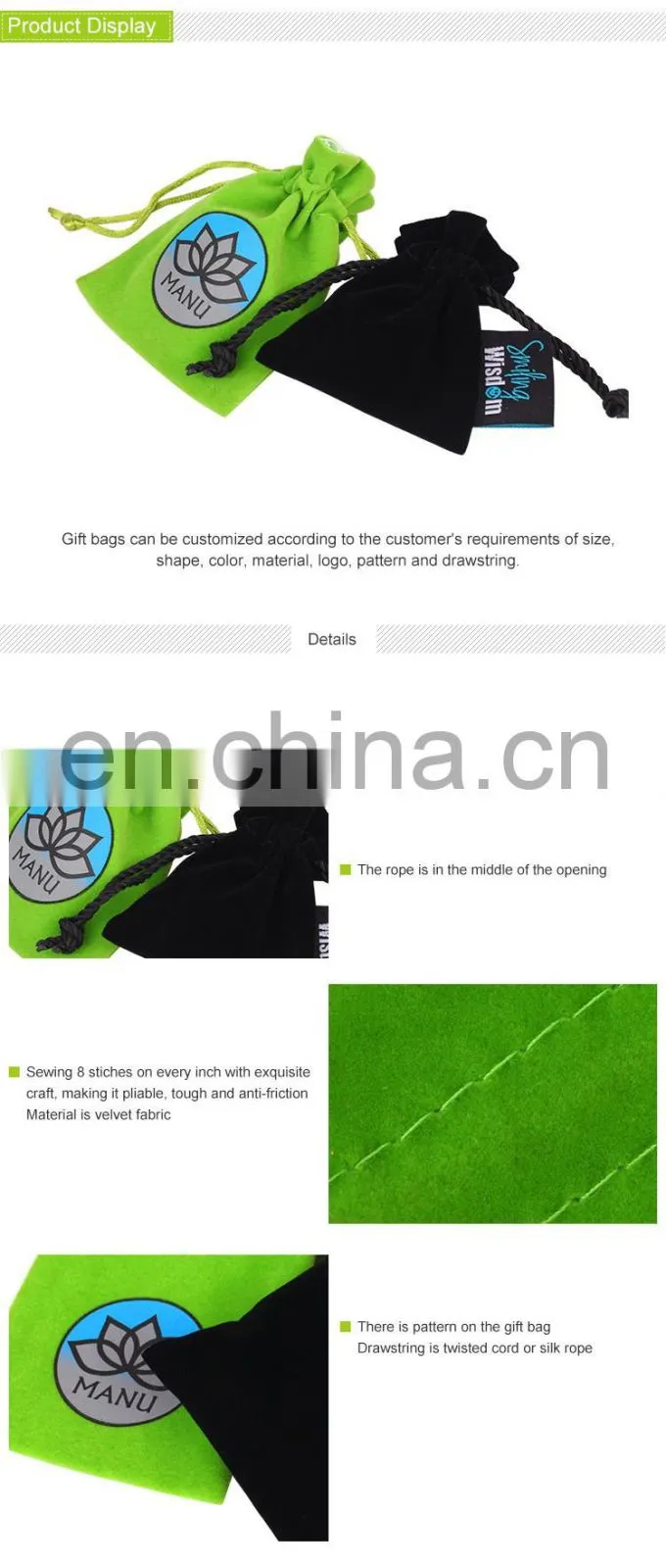 Shenzhen factory supply custom logo black velvet drastring bag