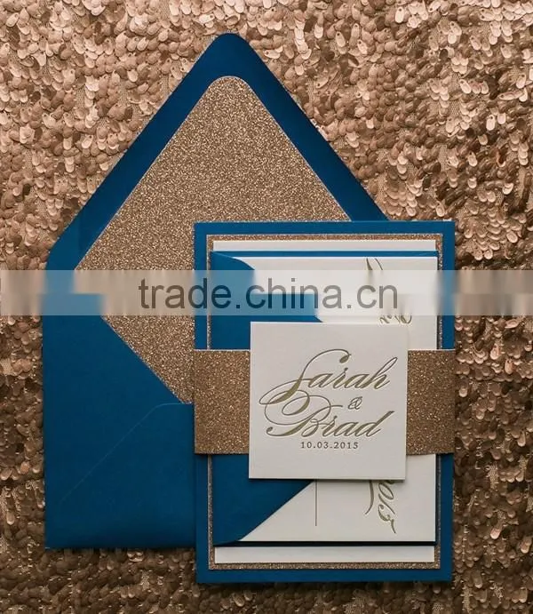 2016 Fancy Ornate Package die cut blush and gold glitter letterpress wedding invitation