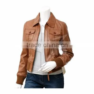 Wholesale Ladies/Women Fashion Brown Leather Jacket, Brown Lambskin Leather Jacket, High