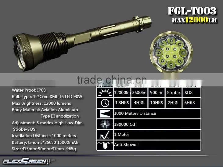 Flexgreen 90w 12000lm high 12xCREE xml T6 led torch