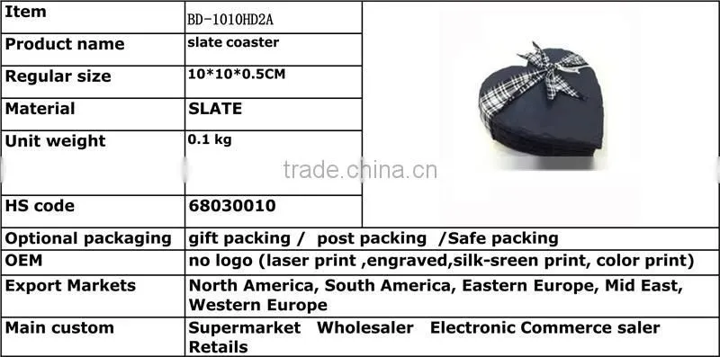 'factory direct' 10x10cm Natural Edge Set of 4 heart shaped Slate coasters Item BD-1010HD2A