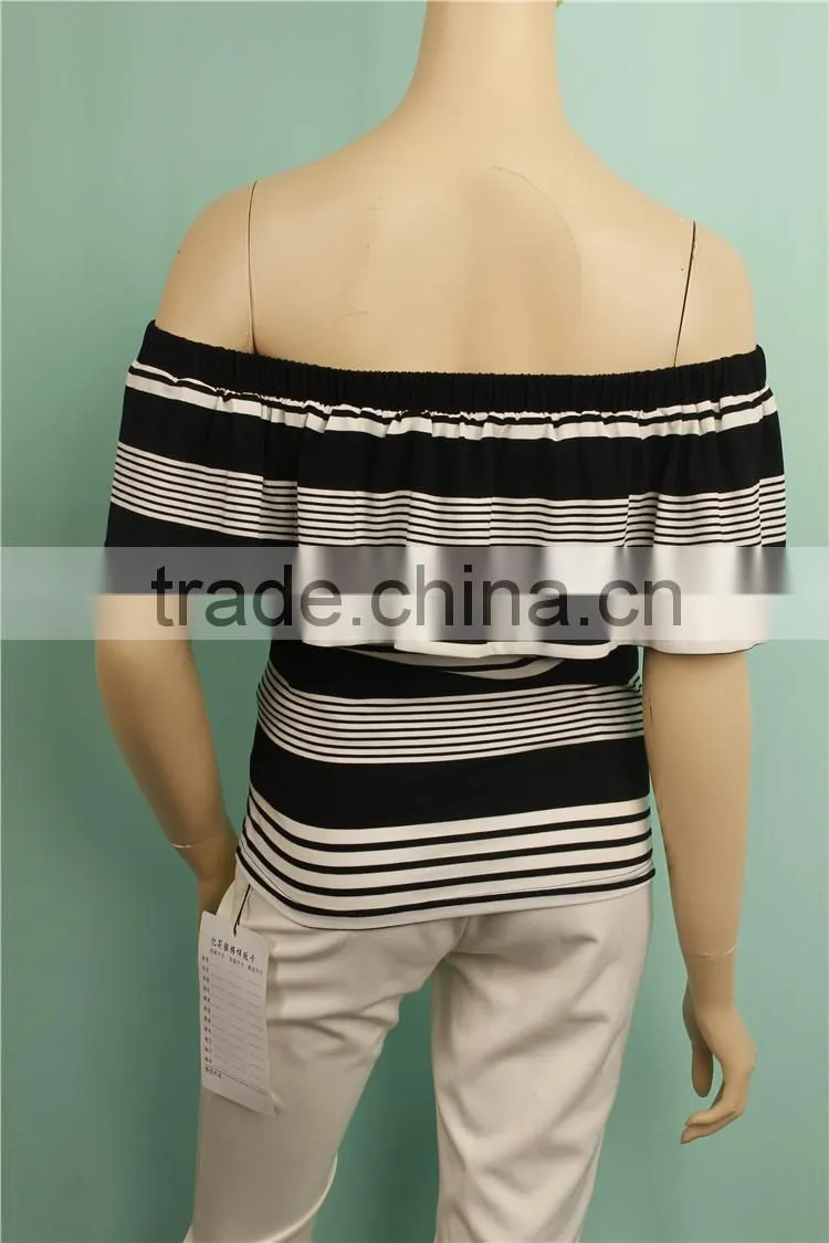 2016 S/S off shoulder summer knit stripe women blouse designs