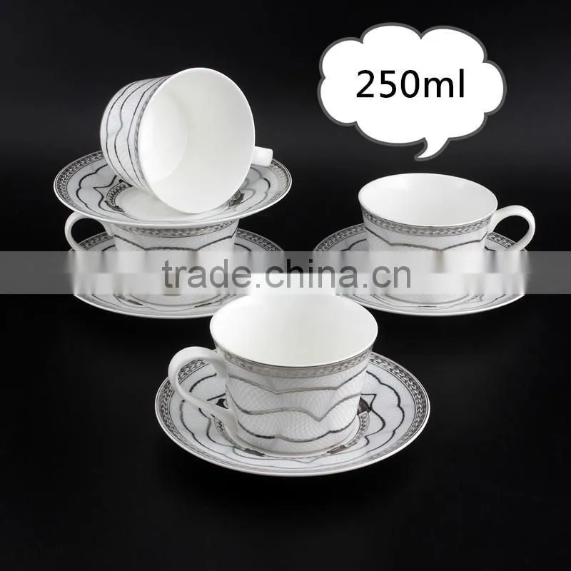 With Silver Color Decal 250ml Ceramic Coffee Cup Round Shape Bone China Tea Cup with Saucer