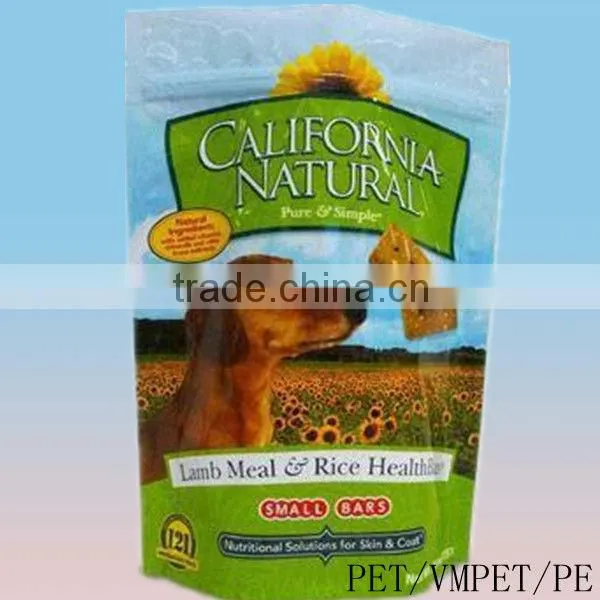 Standing up pet food bags with top zipper