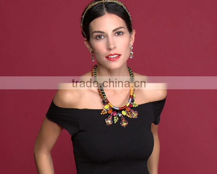 Handmade necklace rope chain colorful crystal pendantethnic necklace 2015 luxury crystal inlaid bijoux femme NL13562