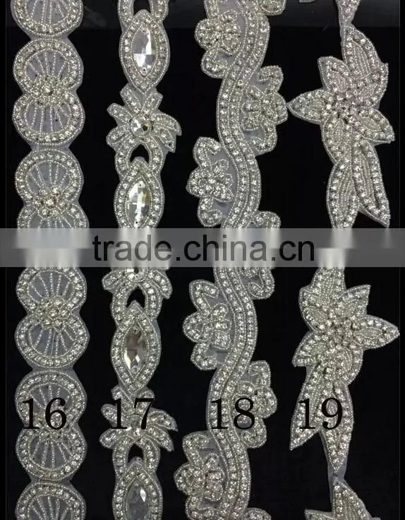 New Design Bridal Beaded Rhinestone Trimming Applique For Wedding Sash Crystal Bridal Applique For Wedding Dress