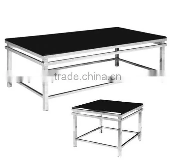 Black glass table top stainless steel frame tea table
