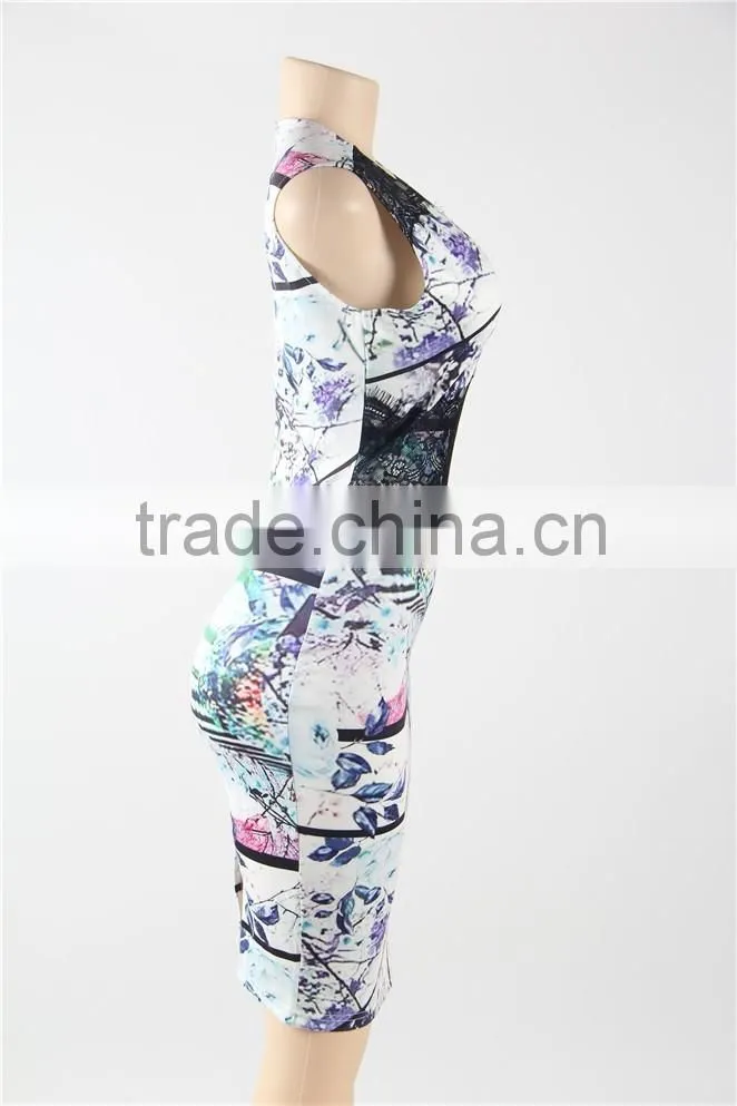 Ready stocklot floral print knee length fashion women hot sale bodycon midi dress