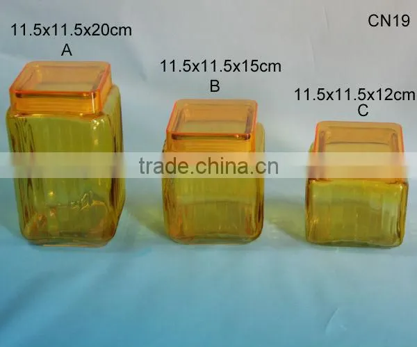 beatiful yellow clear square empty glass jars with plastic lid