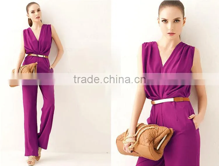 2015 Women Summer Clothing New Elegant OL Style Deep V Neck Sleeveless Loose Jumpsuit Rompers Women Overalls Macacao Feminino
