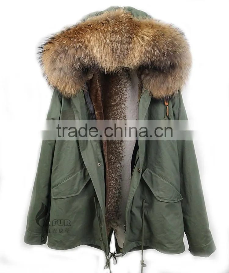 CX-G-P-10A Genuine Faux Fur Coat With Raccoon Fur Collar