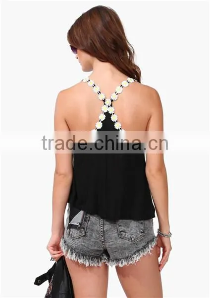 Black Daisy Embellished Lady Sleeveless Tank Top