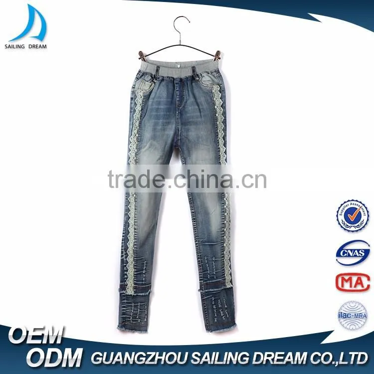 Cheap new style fray hem comfortable light blue lace stitched slim fit new design jeans for girls