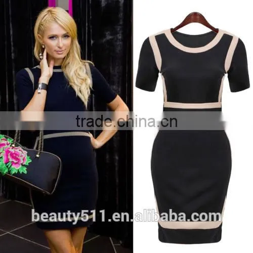 Fashionable pencil skirt Europe and Europe pure color splicing short-sleeved dress with buttock skirt PS03
