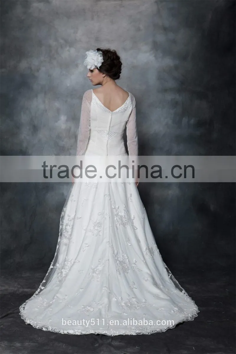 A-line Scoop Neck Satin Over Net With Embroidery bridal dress Lace With Crystal 3/4 sleeve Wedding Dress AS29402