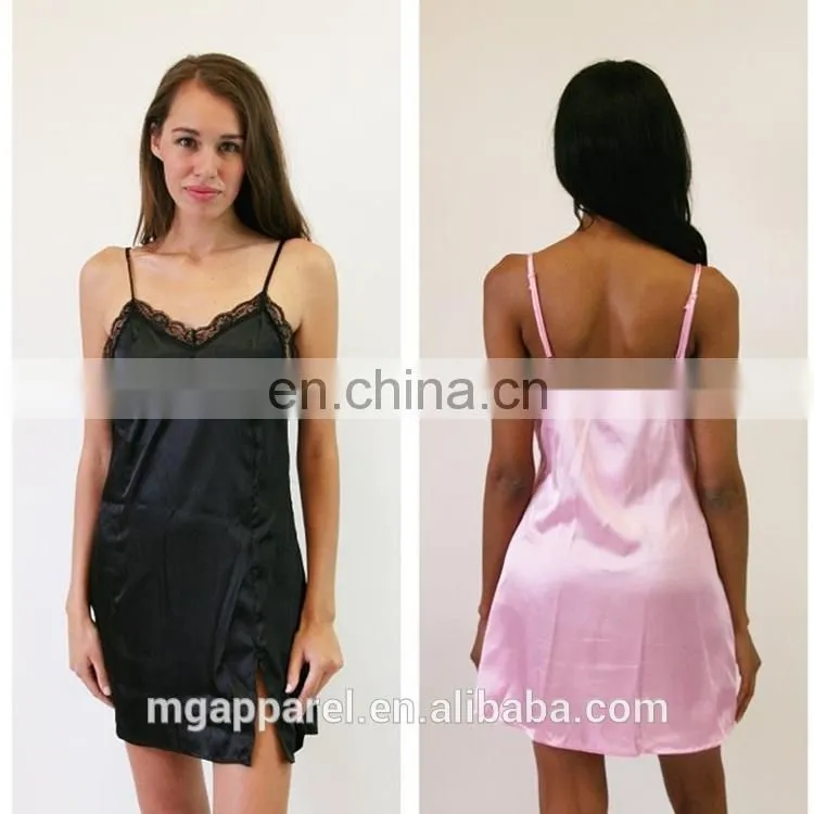 Buttery Soft Adjustable Straps Flattering Slit Lace Satin Chemise Woman Sleepwear