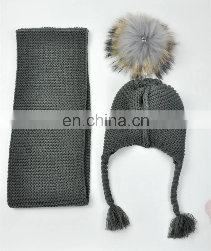 Kids Customized Design Wool Collar Raccoon Fur Pom Cashmere Knitted Hat and Scarf