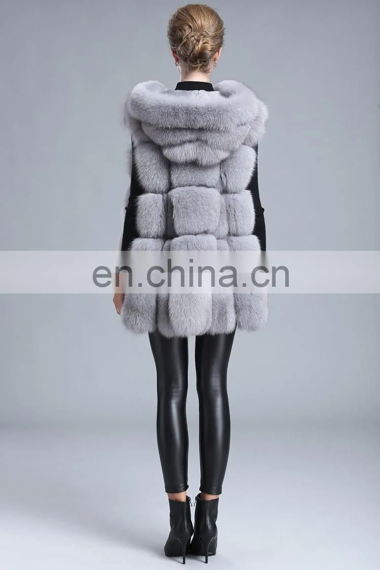 2015 New Style Whole Leather Real Fox Fur Hood Long Style Vest Girl Gilet Beautiful Women Vest