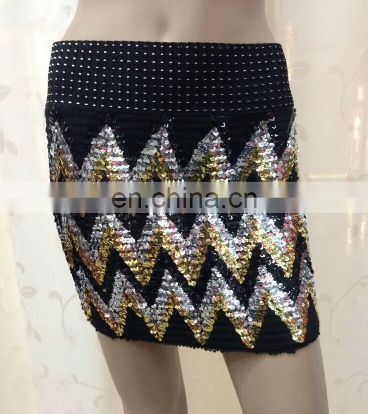 2015 Fitted Hot ladies zig zag Mini Short Sequins Skirt