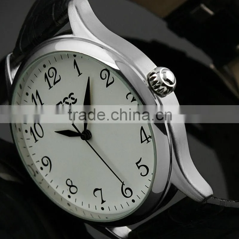 ESS Men's Classic Black Leather White Quartz Wrist Watch