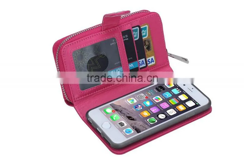 Unique leatherZipper Wallet Card Slot mob phone cover, rose red protective case for iPhone 6/6s