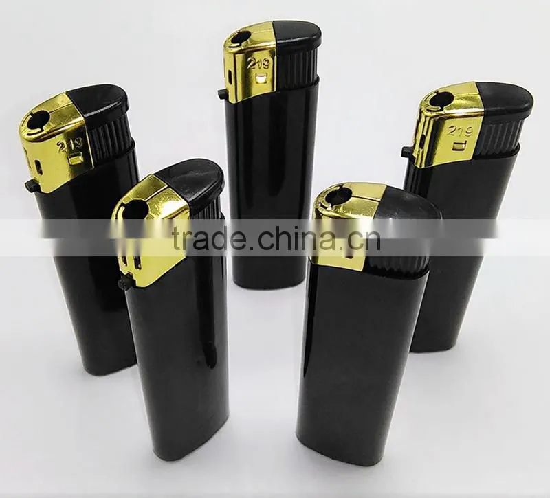 Big black disposable fancy lighter with golden safety cap
