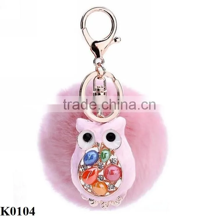 Colored owl keychain fur ball key chain owl with gemstone keychain keyring K0104
